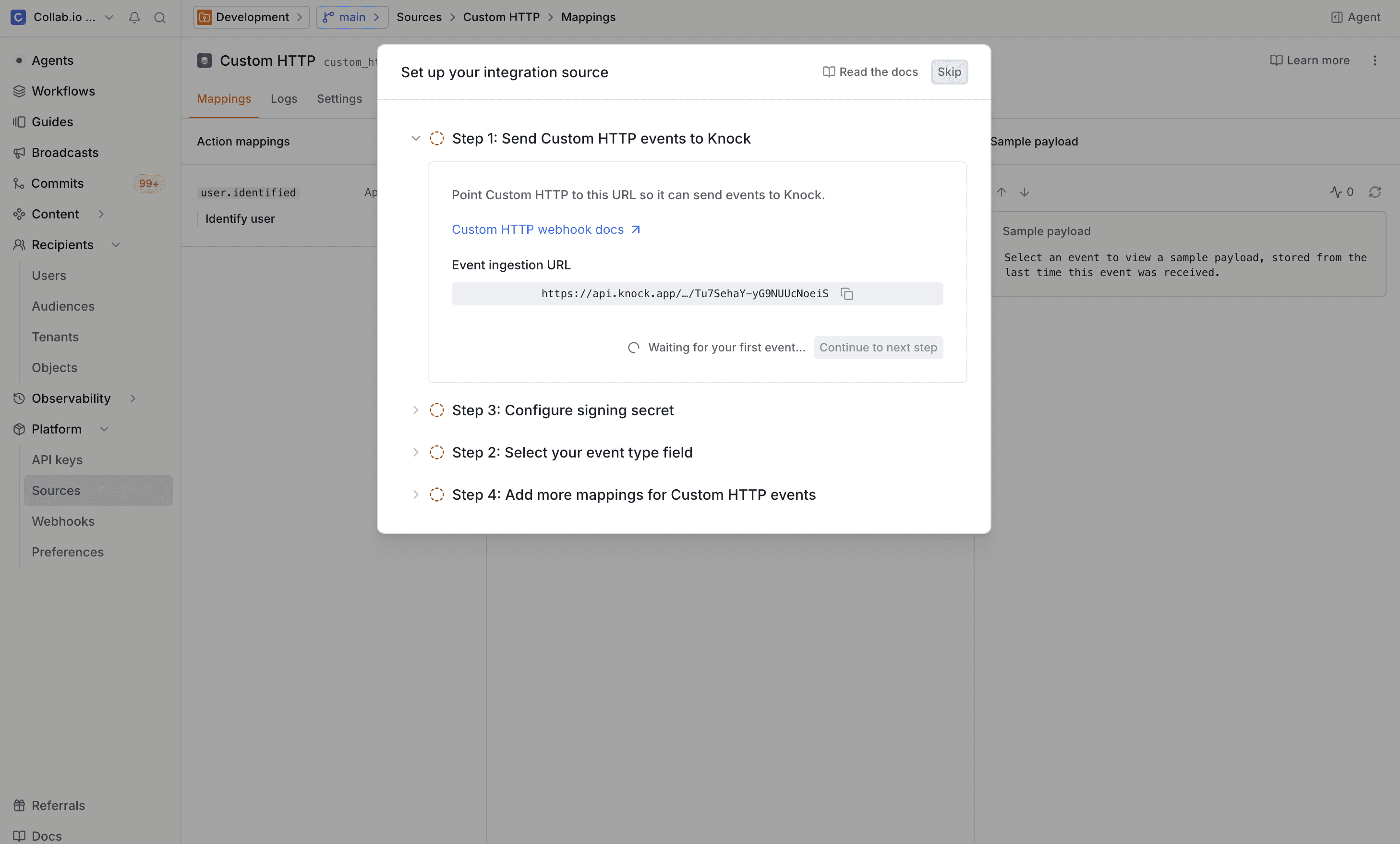 The Custom HTTP source setup wizard showing the event ingestion URL and additional setup steps