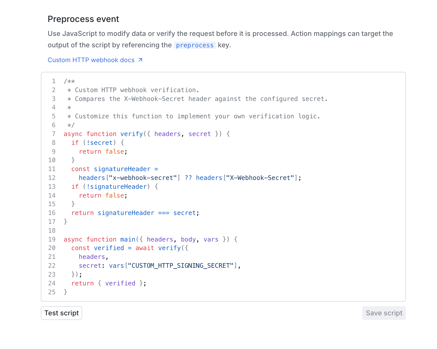 The preprocess event script editor in the Custom HTTP source settings