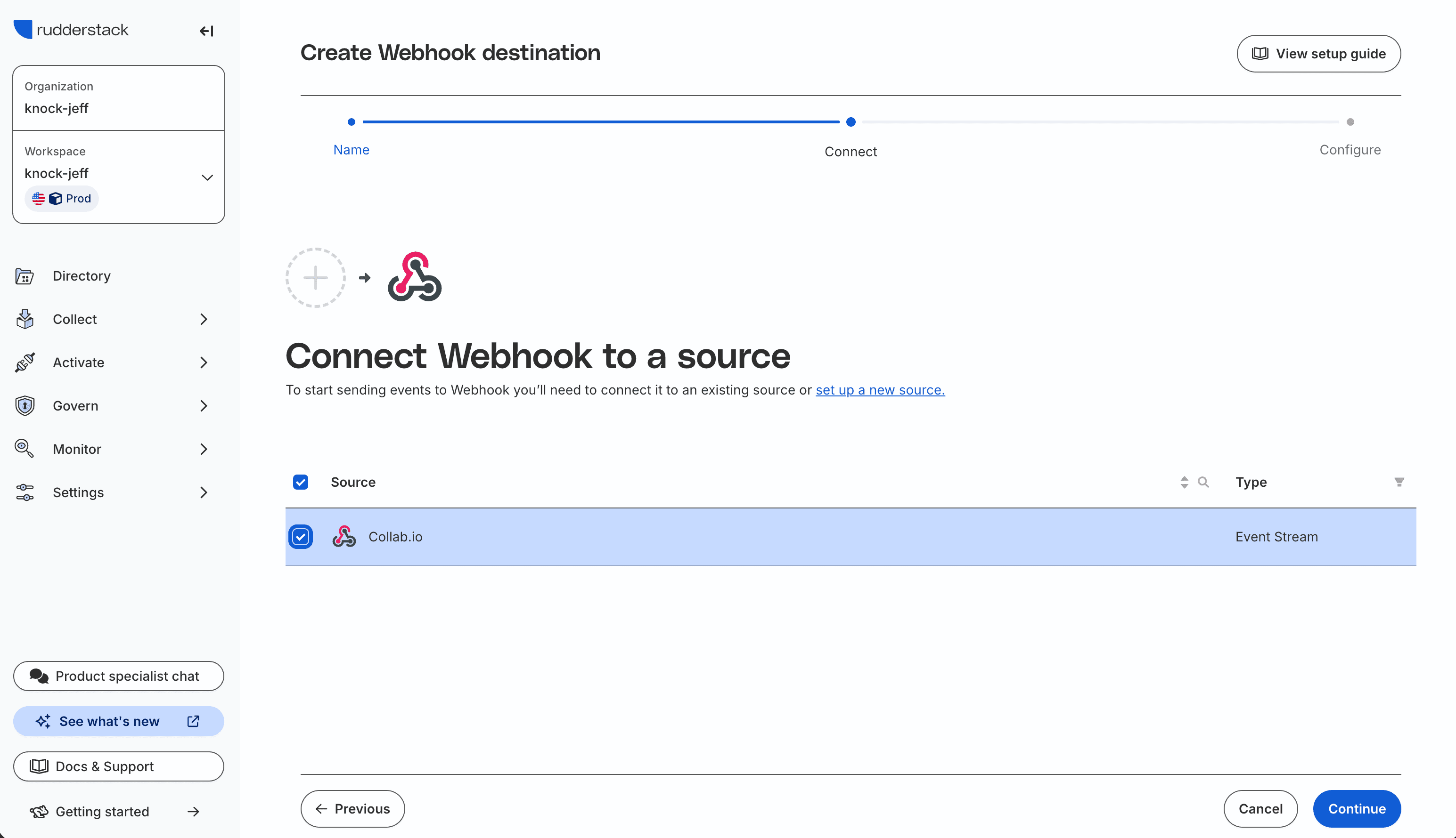 The RudderStack Connect step showing a source selected to send events to the Webhook destination