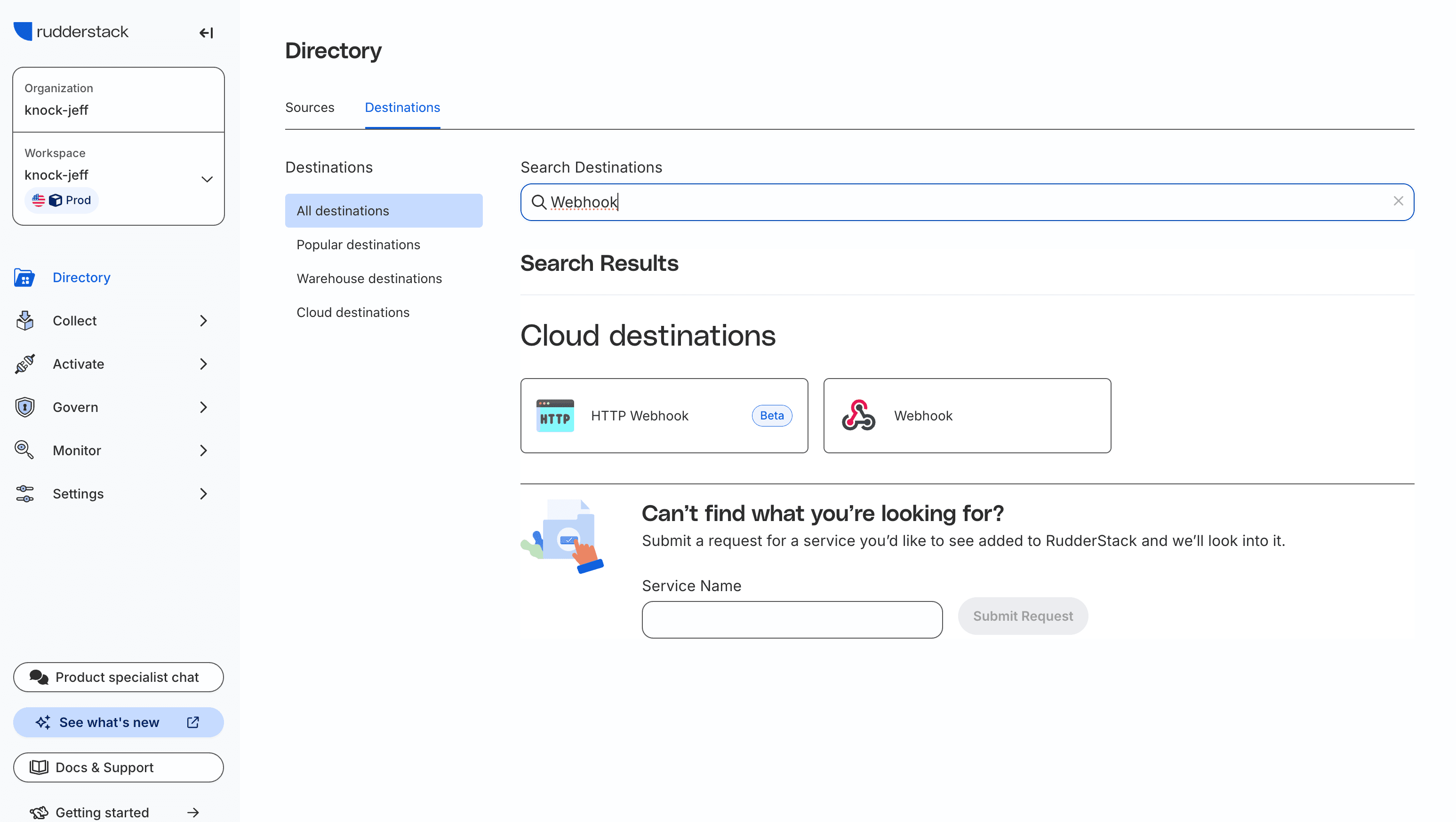 The RudderStack Directory showing search results for Webhook destinations