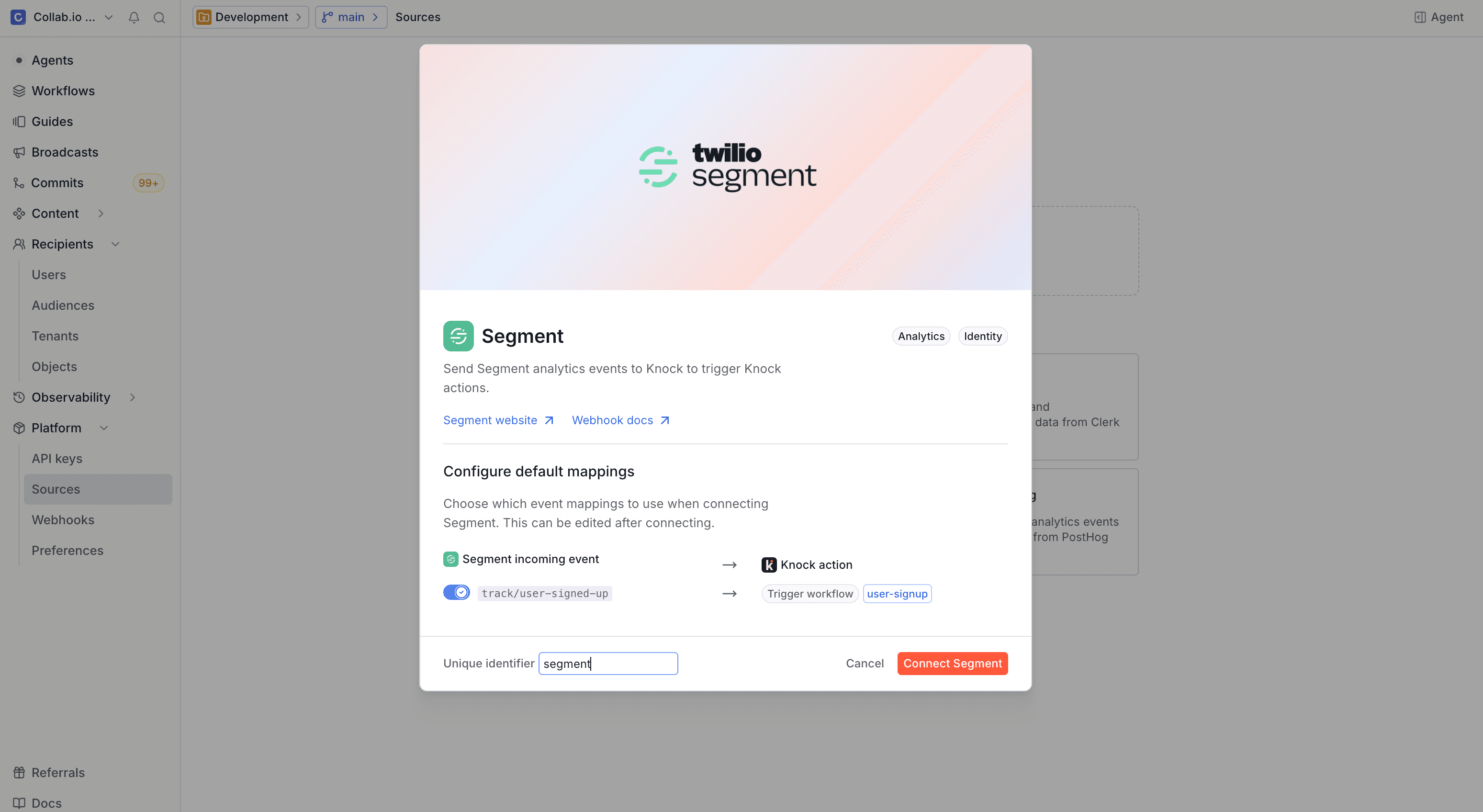 The Segment source creation modal showing default action mappings for incoming events