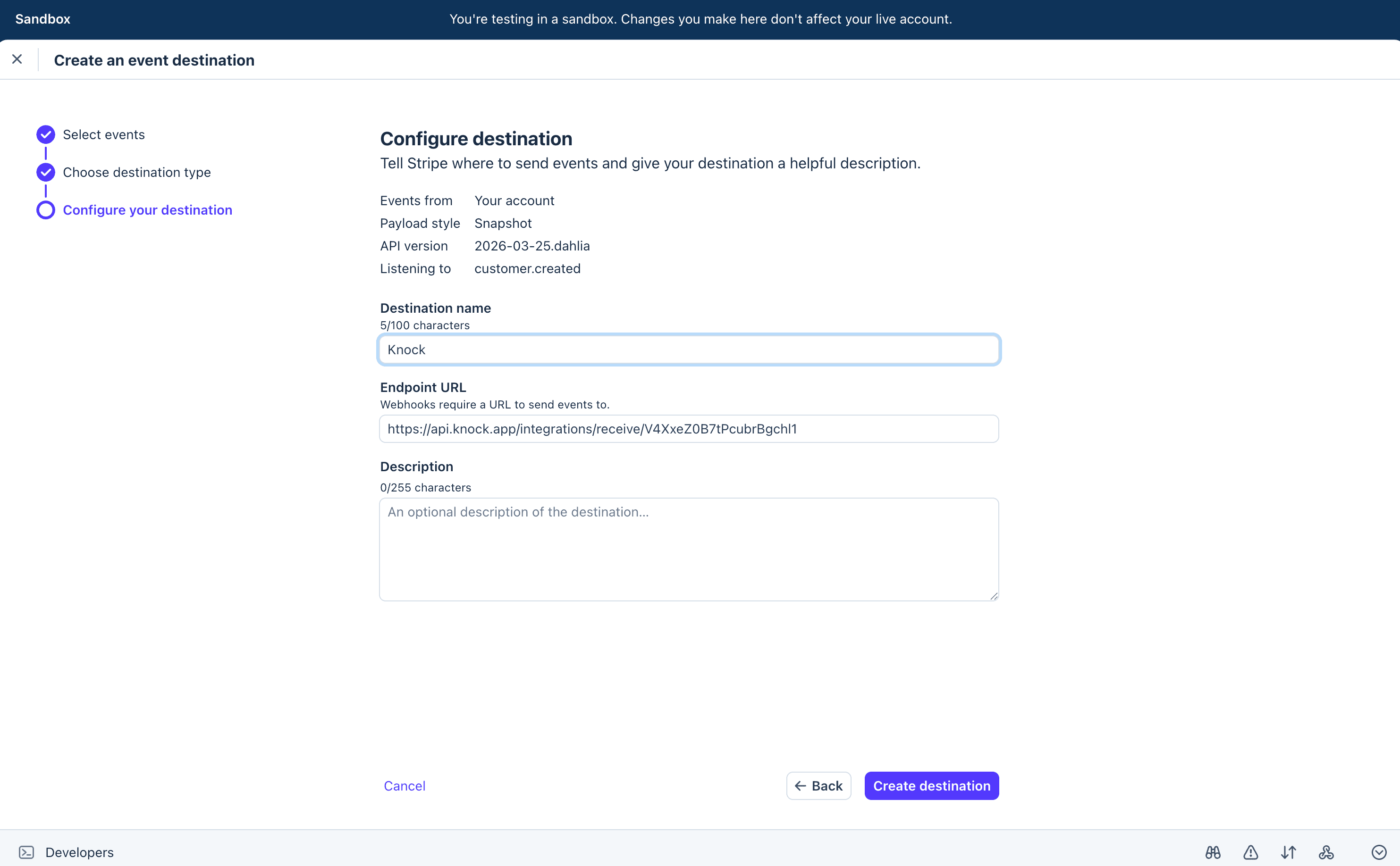 The Stripe event destination wizard showing the destination name and Knock endpoint URL